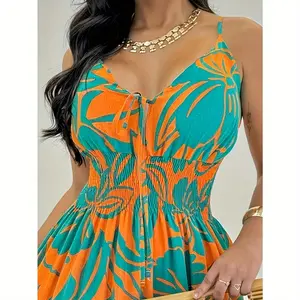 Elegant printed splicing backless folding thin shoulder strap suspender dress