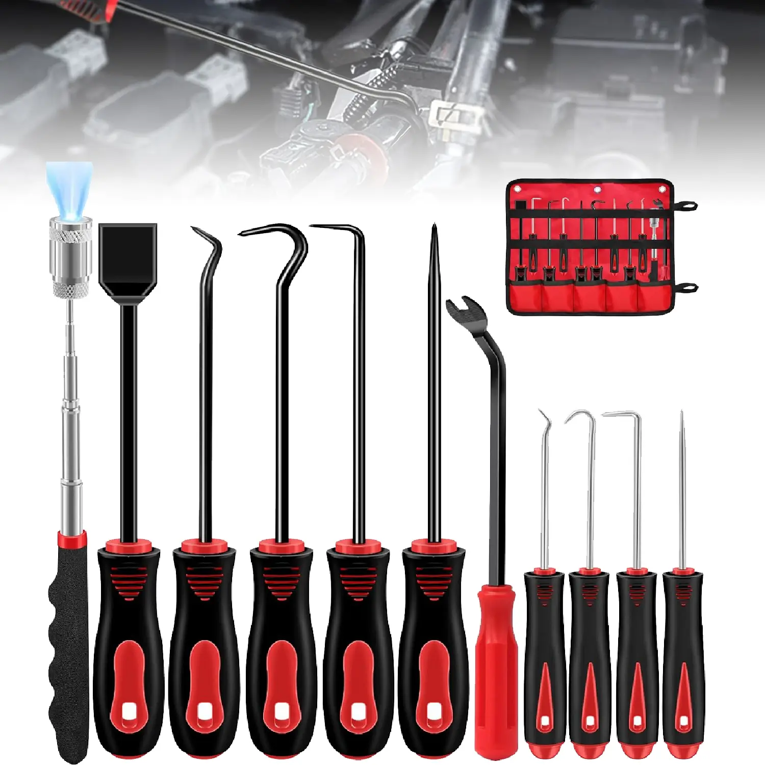 11 Pcs Precision Pick and Hook Tool Set with Clip Removal Plier Rivets Puller Fastener Remover Telescoping Magnetic Pickup Gasket Scraper for Electronics Maintenance Automotive Repair,with Tool Bag for Men,Mechanic,Electrician & Hobbyist