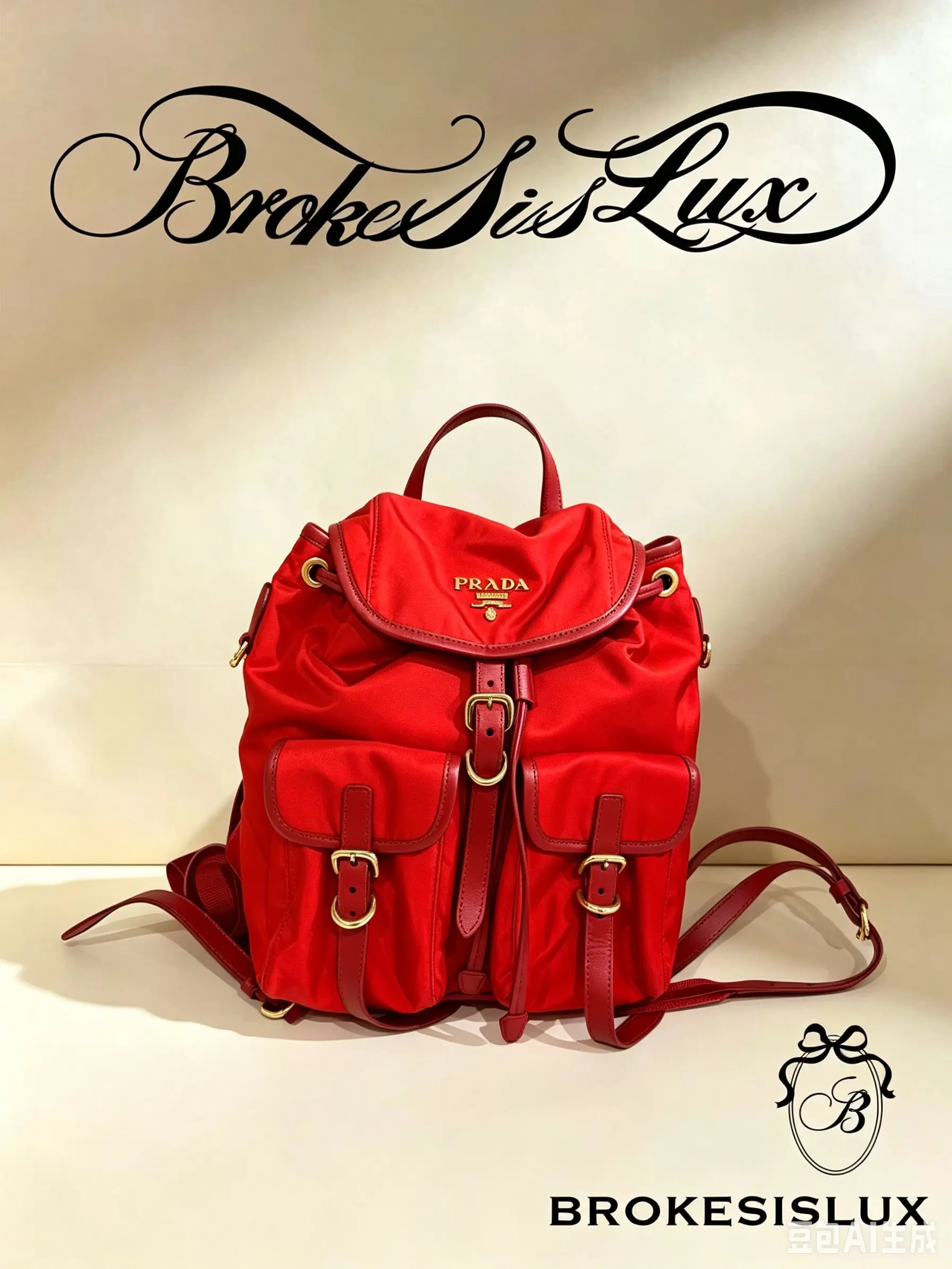 Pre-owned PRADA Mini Drawstring Backpack, Bright Red Nylon Fabric, Calfskin Leather Trims, Gold Tone Triangle Logo & Buckle Hardware, Dual Front Utility Pockets