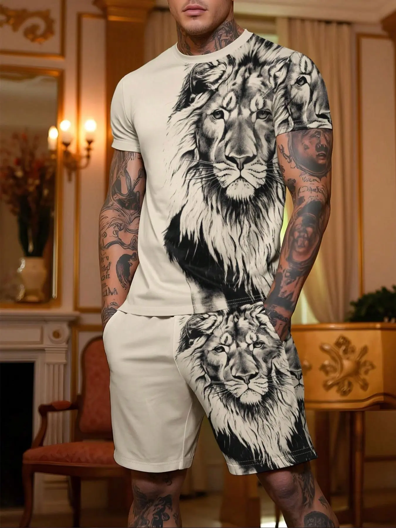Two-Piece Set Men's Animal Lion Print Short Sleeve Tee & Shorts, Regular Fit Casual Round Neck T-shirt & Shorts, Men's Summer Clothes
