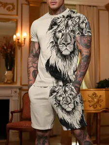 Two-Piece Set Men's Lion Print Short Sleeve Tee & Shorts, Regular Fit Casual Round Neck T-shirt & Shorts, Men's Summer Clothes