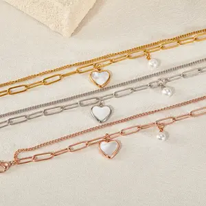 Custom Heart & Pearl Double Layer Chain Bracelet/Anklet, Personalized Laser Engraved Name Jewelry