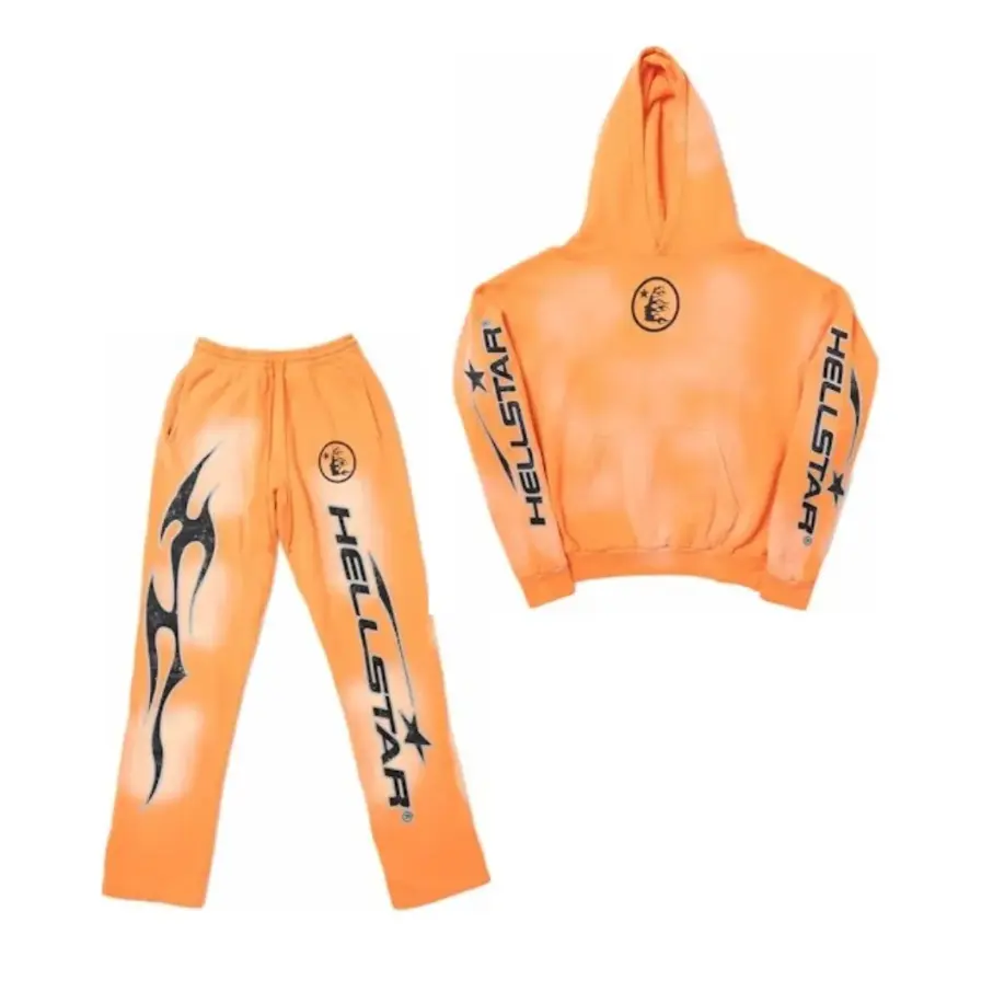 Hellstar Fire Orange Hoodie & Flare Bottom Sweatpants Set, Orange Dye Graphic Streetwear Matching Outfit