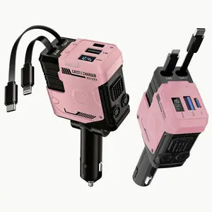 New Racktodoor 4-in-1 Fast-Charging Car Charger, High-Speed Car Charger with Dual Expansion Cables and Digital Display, 66W Retractable Multi-Phone Car Charger, voltage monitor Compatible with iPhone, Samsung and iPad