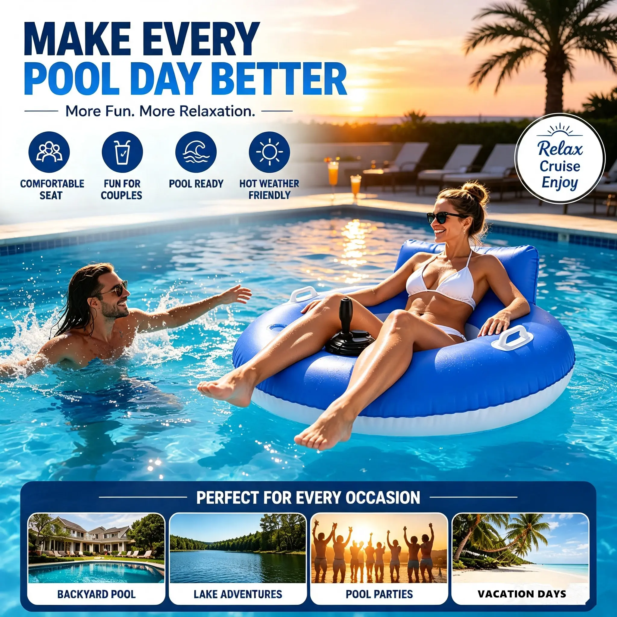 Propeller Powered Motorized Pool Lounger Float for Adults, Electric Inflatable Water Chair with Joystick Control, Backrest & Cup Holder Design for Lake Beach Summer Fun