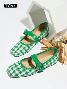 Women's Mary Jane Shoes, Summer Plaid Bow Design, Stylish Round Toe Low Heel, Textile Upper, Medium Width, Outdoor Walking Single Shoe