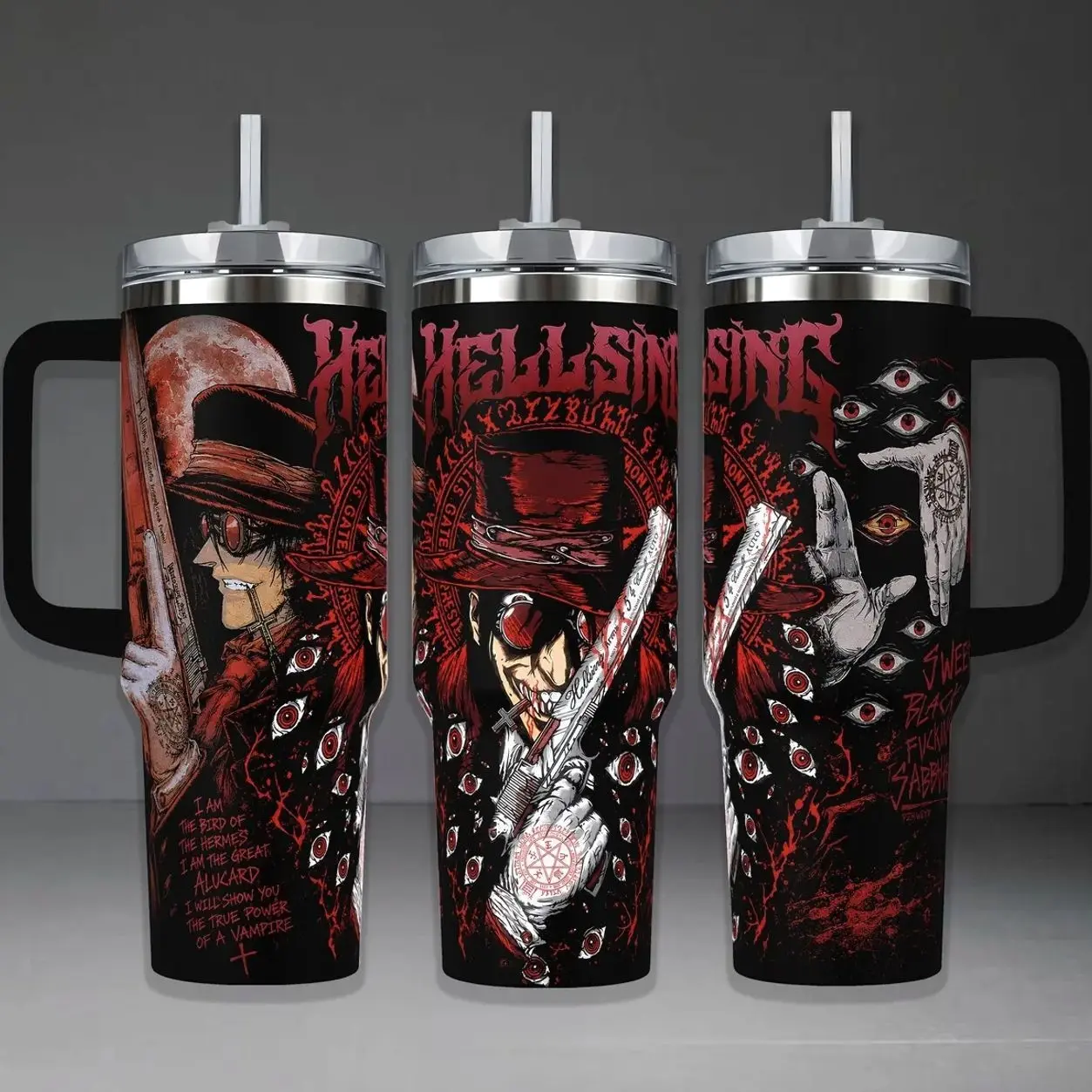 Hellsing Alucard Tumbler, 40oz Insulated Travel Mug with Handle. "Bird of Hermes" Vampire Hunter Art Cup, Gothic Horror Anime Fan Merchandise, Perfect Gift for Dark Fantasy and Manga Lovers