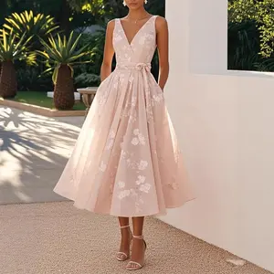 Women's Sleeveless V-Neck Digital Print Evening Gown - Formal Dress for Banquet, Work Occasions