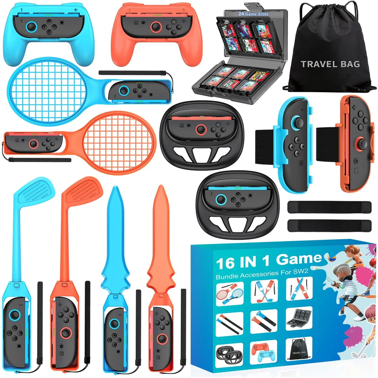 16-in-1 Durable ABS Handheld Accessories Bundle for Nintendo Switch 2, Family Sports Party Kit with Wheel Grip, Thumb Grip, Game Card, Button Covers, Game Case, Carrying Bag, Sword, Wrist Straps, Anti-Slip Buckles, Ideal Christmas Gift
