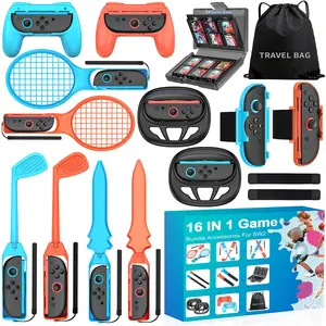 Switch 2 Sports Accessories 16 in 1 Bundle for Nintendo Switch 2, Family Sports Party Pack Accessories Kit with Wheel Grip, Thumb Grip, Game Case and Carrying Bag Compatible with Sports Games