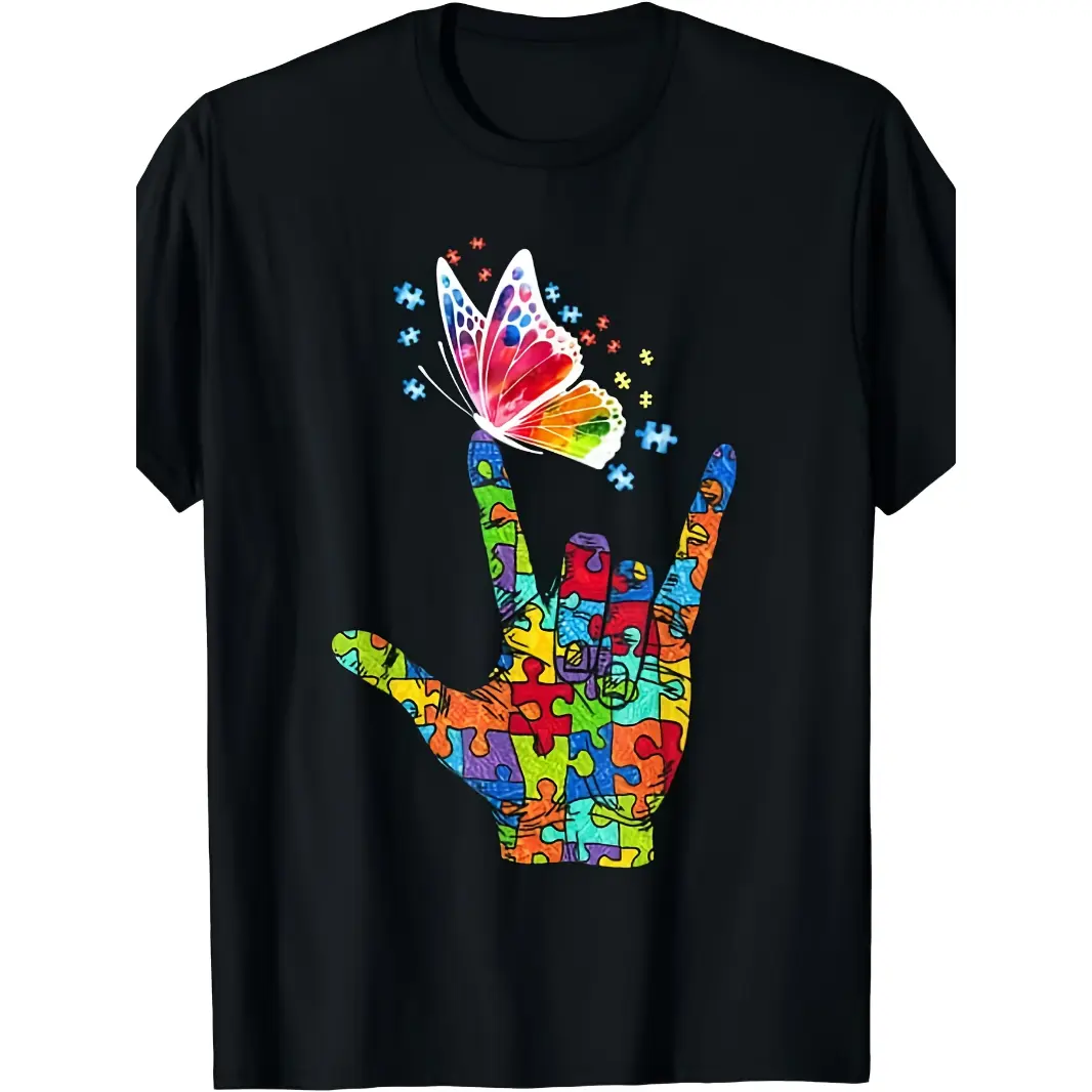Women's Cotton Short-Sleeve Graphic T-Shirt - Lady's Round Neck Streetwear Top with Rainbow Puzzle, Hand & Butterfly Prints - Soft, Casual Summer Autism Awareness Support Shirt, Shortsleeve, Tshirt