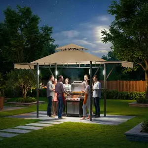 Double-Tier Grill Gazebo 13x4 ft, Heavy-Duty Steel BBQ Pavilion with Dual Side Awnings, LED Lights & Shelves for Patio, Garden