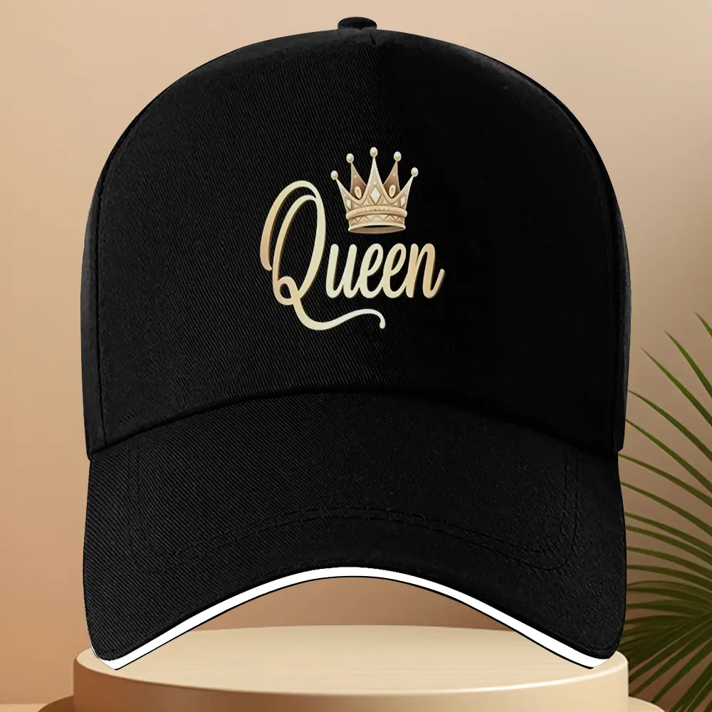 Unisex Gold Baseball Cap - Gold Hats with Golden Queen Text Logo, Crown Emblem Print, Luxurious Versatile Fashion Accessory for Casual Outfits, All-Season Wear