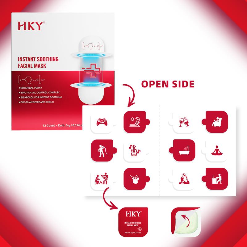 HKY Instant Soothing Facial Mask with Zinc PCA Oil Control Peony Bisabolol CoQ10 Antioxidant Redness Relief 12 Count 5g Each Calming Skin Repair