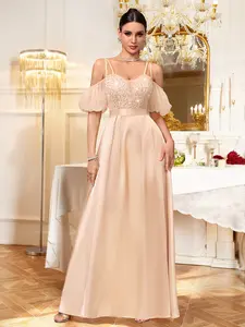 MIUSOL 55629A Sequin Floral Lace Sweetheart Neck Off Shoulder Spaghetti Strap Satin Pleated Hem Formal Party Maxi Dress, Elegant Party Dress For Women, Formal Evening Gown, Prom Dress, For Wedding Guest, Graduation, Dinner