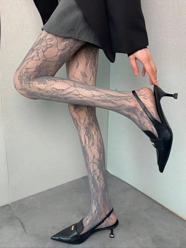 Thin Solid Color Sheer Hollow Out Pantyhose, Sexy Lace Net Stockings, Black & Wine Red For Women