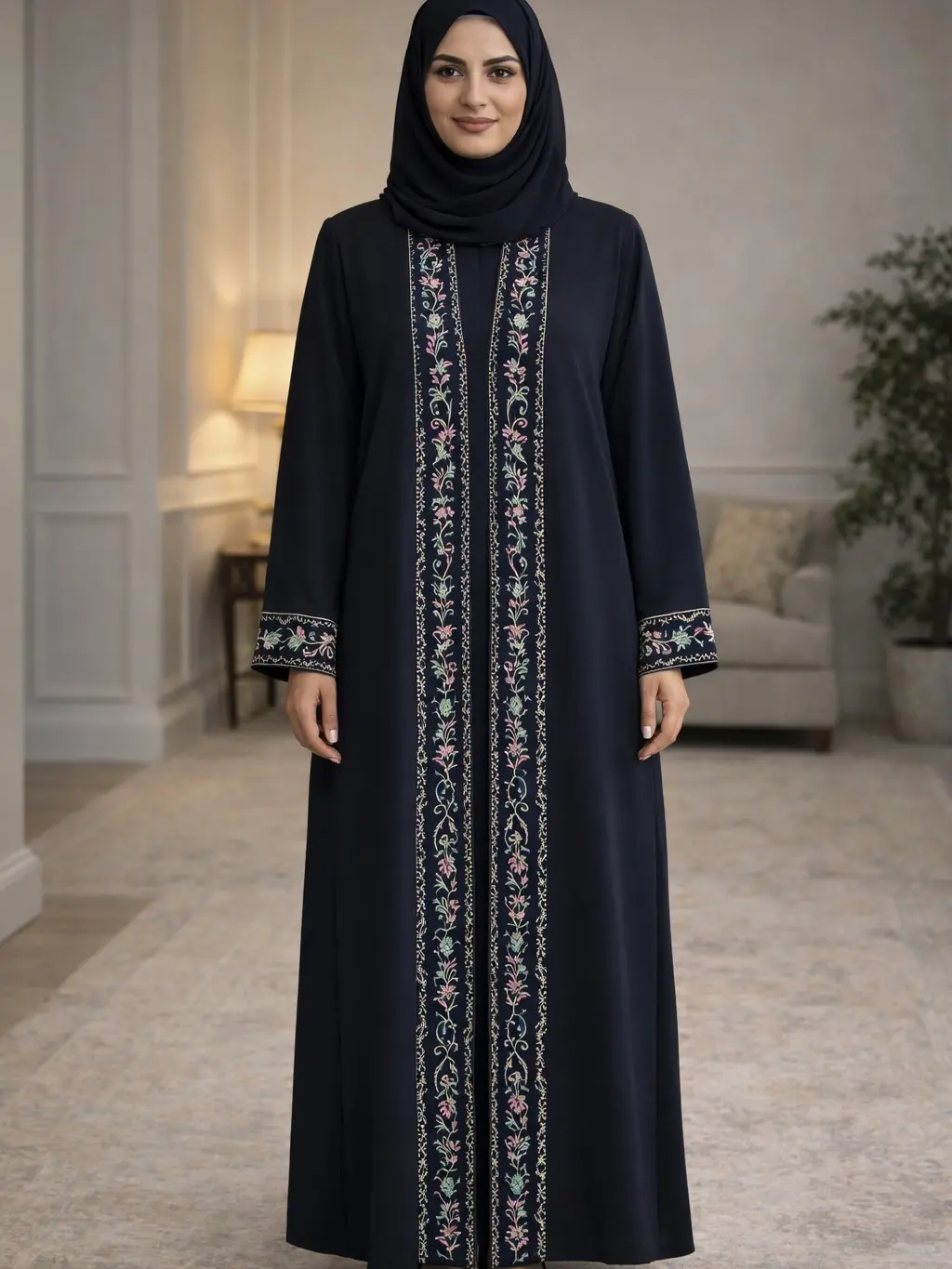 Black Embroidered Abaya with Floral Details and Elegant Design for Women - Stylish and Comfortable