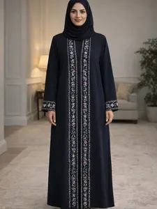 Black Embroidered Abaya with Floral Details and Elegant Design for Women - Stylish and Comfortable