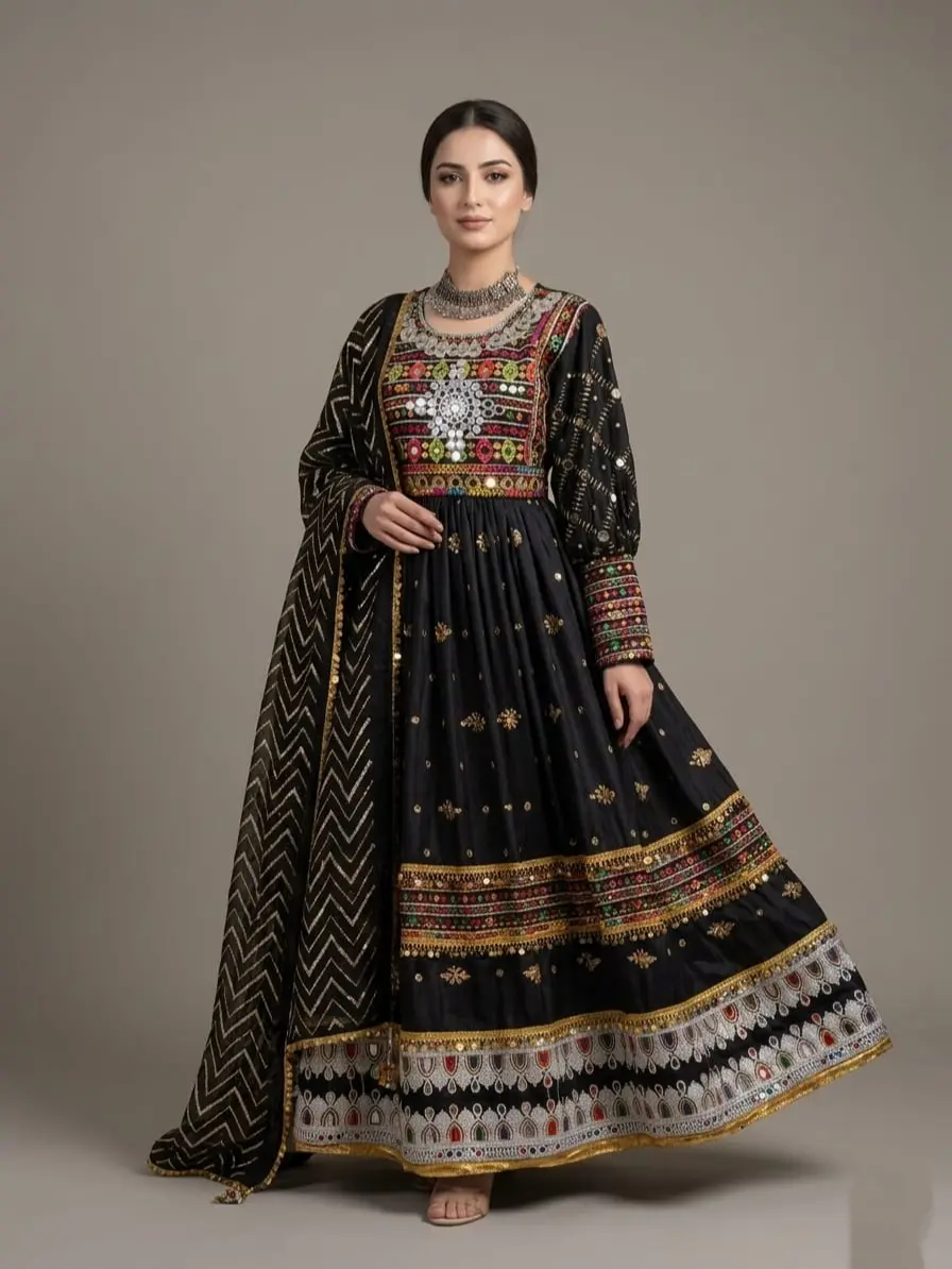 Women's Traditional Afghan Maxi Dress with Handmade Embroidery & Mirror Work - Flared Statement Gown with Dupatta for Eid, Weddings, and Party, Matching, Elegance, Long Sleeve, All Seasons, Clothes, Golden, Fashion, Skirt, Modest, Ethnic, Elegant, Multico