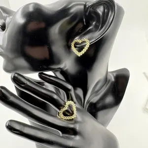 14K Gold Plated Chain Shape Earrings And Nugget Heart Ring Set Hip Hop Design fo