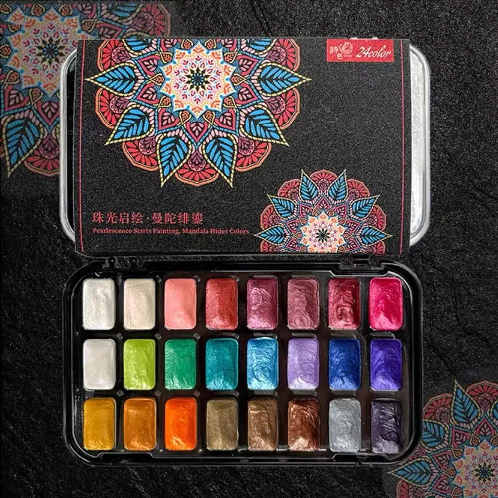 24 Shades Solid Metallic Pearlescent Watercolor Set Portable Nail Painting Pigment Handmade Drawing Paint for Art Creation & Calligraphy Supplies