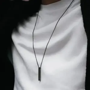 Simple Fashion 3D Vertical Bar Necklaces for Men Minimalist Stainless Steel Geometric Pendant Chain Male Collar Jewelry Adjustable Couples Bracelet Set