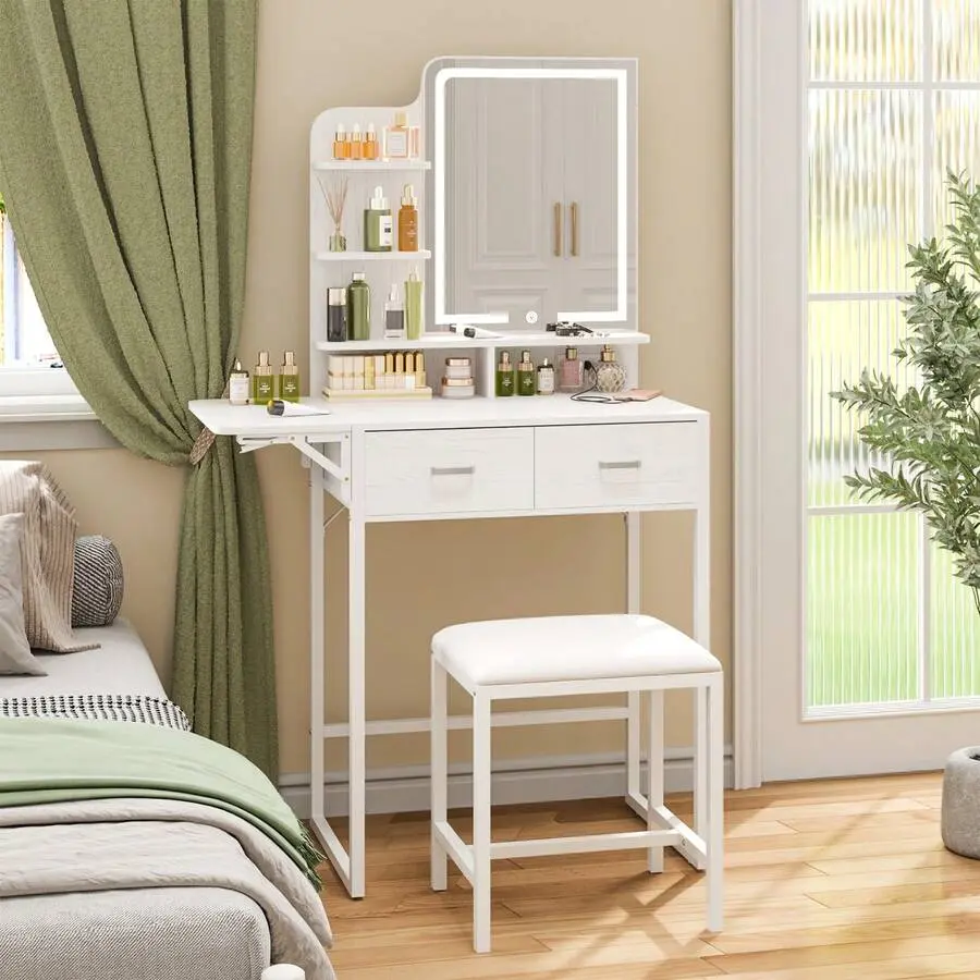 Makeup Vanity Desk With LED Mirror Lights, Compact Dressing Table With Fabric Drawer Foldable Panel & Power Outlet, Includes Stool Shelves Bedroom Furniture, White Black