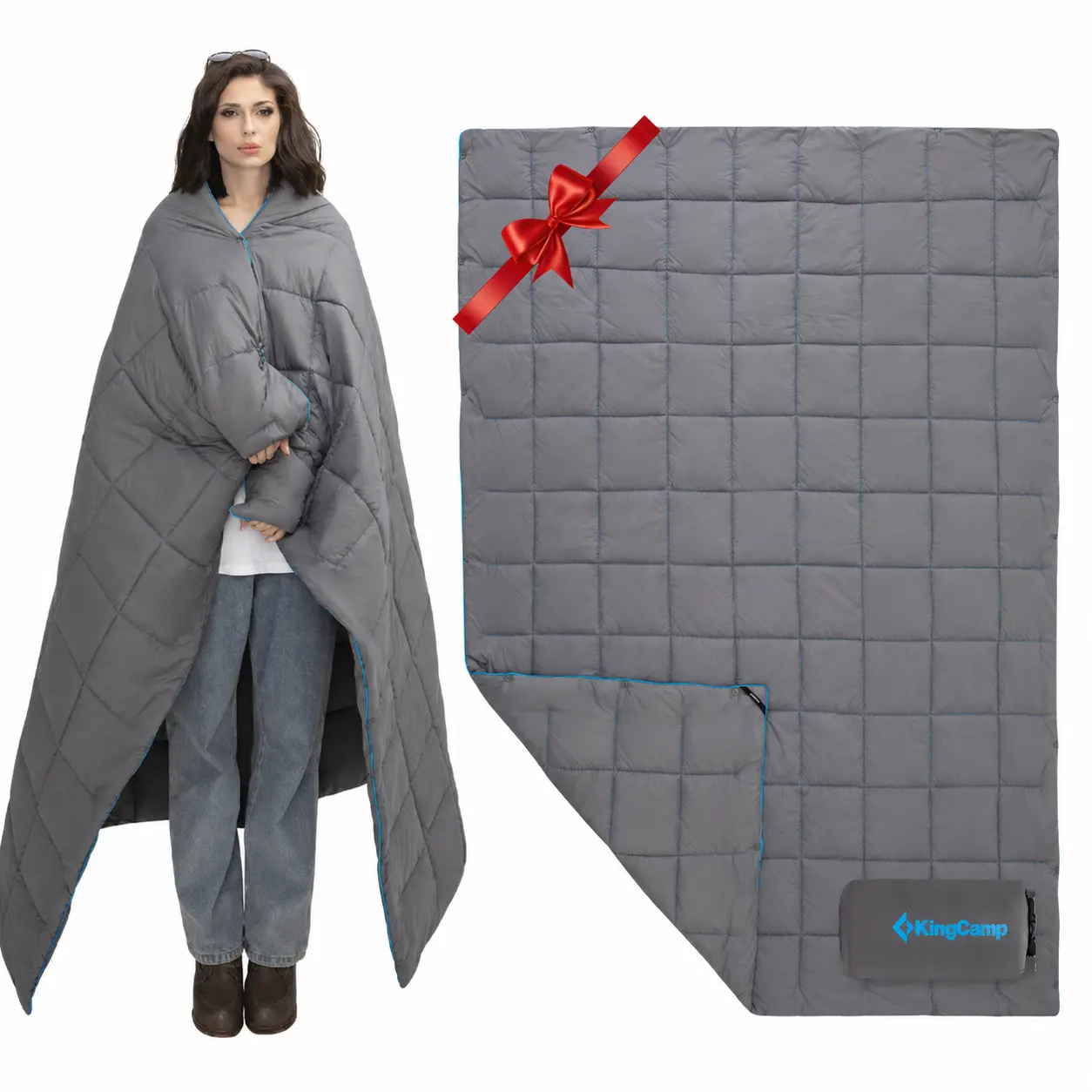 KingCamp Ultralight Camping Blanket – Packable Down Alternative Puffy Wearable Blanket with Snap Buttons, 1.32 lbs, Water‑Resistant & Windproof 20D Nylon Shell, Warm Loft Fill, 69"x53" (Fits Two), for Hiking Travel Picnic Stadium, Charcoal