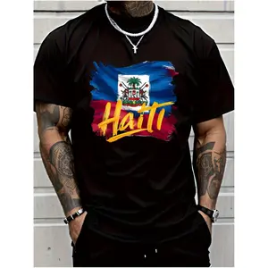 Men's Haiti Flag Graphic Short Sleeve T-Shirt - 100% Cotton Breathable Regular Fit Tee with National Pride Design for Summer Sports, Casual & Casual Attire, Casual Wear Tee | Vibrant Print Shirt | Flag Design Shirt, Haitian T Shirt