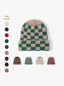 Women's Plaid Knit Beanie Hat, Knitted Hat, Casual Fitted Design, Thick Warm Mixed Yarn Material, Elastic Large Head Circumference, Fall & Winter Wear