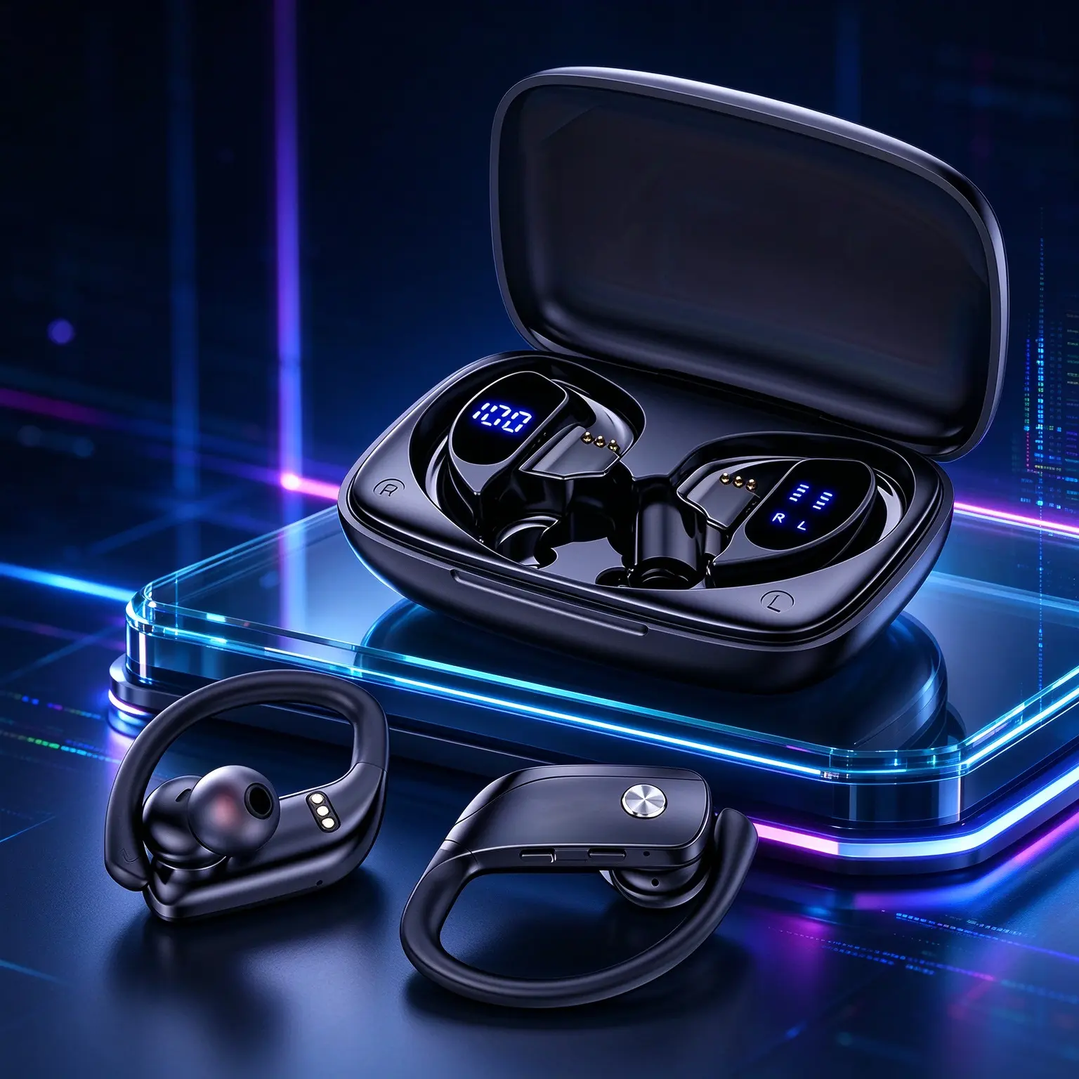 Over Ear Hook Bluetooth Wireless Earbuds, TWS Sport Headphones with LED Battery Display,  Earphones with Mic for Running, Cycling, Workout