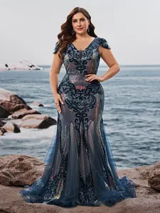Plus Size Mom Evening Dress  High Quality Stretch Sequin Super Slim Fit V-Neck Short Sleeve Luxury Heavy Embellished Cocktail Formal Gown - Perfect for Party Banquet Formal Dinner (Deluxe Heavy Embellished Edition)