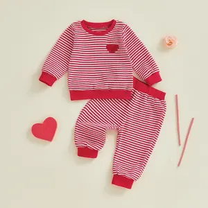 Toddler Baby Boys Valentines Day Outfit Waffle Striped Heart Embroidered Long Sleeve Sweatshirt Tops and Joggers 2 Piece Waffle Knit Clothes Set