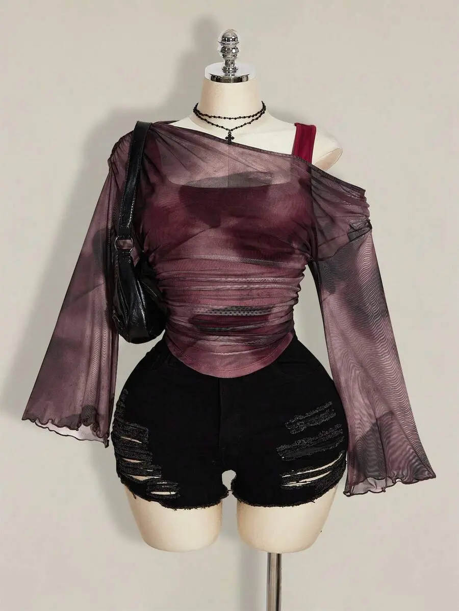 CurveHaus x ICON Plus Size Women Black Pattern Asymmetric Collar 2 In 1 Top Concert Autumn 90s Formal Elegant Goth Grunge Y2k Fall Going Out Rave Sexy Cocktail