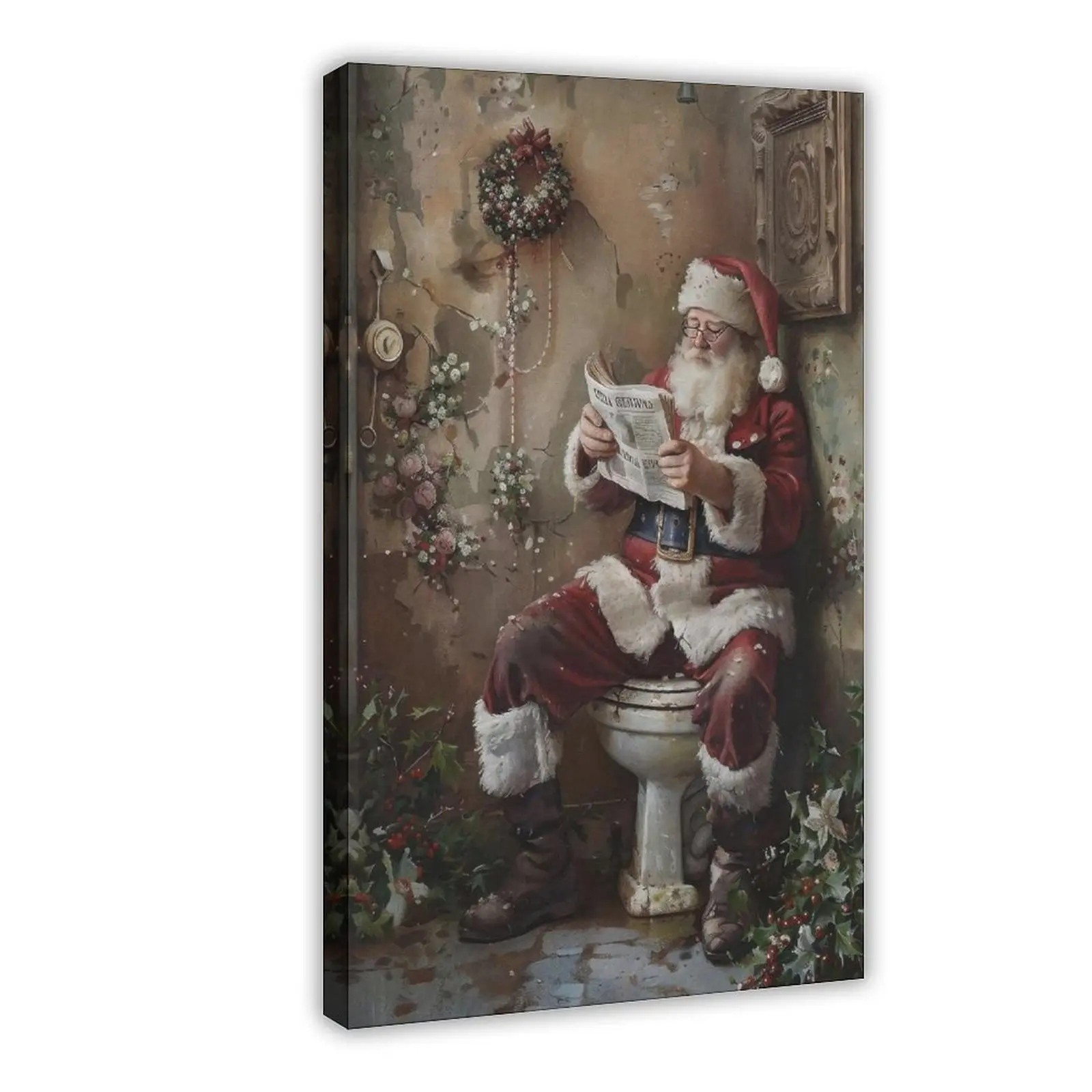 Artistic Multi-Size Customizable Vintage Santa Claus Reading Newspaper on Toilet Wall Print - Christmas Dark Academia Bathroom Decor, Retro Winter Printable Home, Garden, House Gift