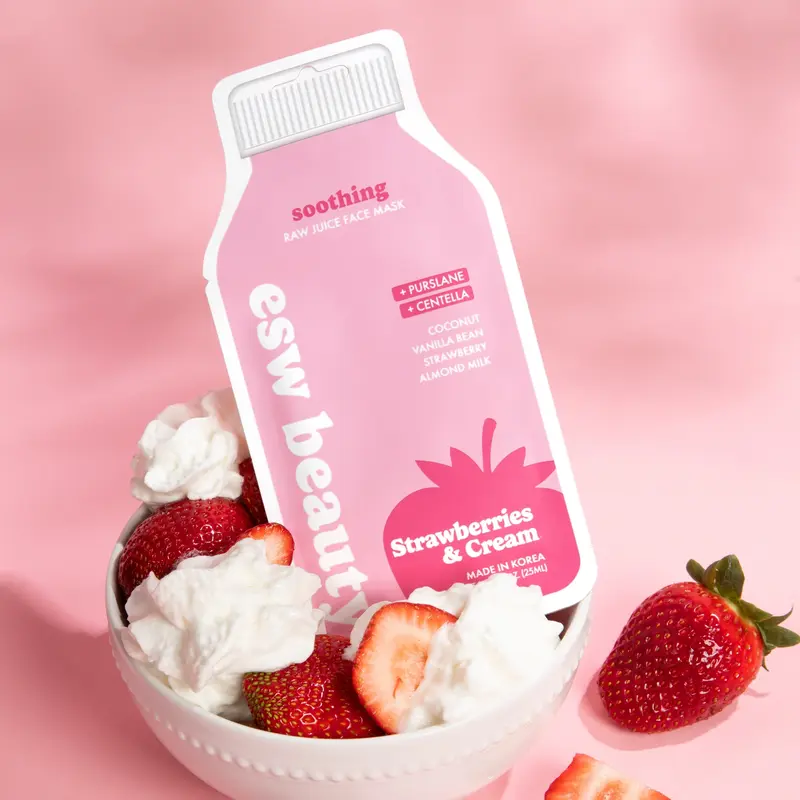 [ESW Beauty] | Strawberries & Cream Soothing Raw Juice Sheet Mask | Calming & Hydrating | Korean Beauty Face Mask with Hyaluronic Acid & Cica | Sensitive Skin Friendly