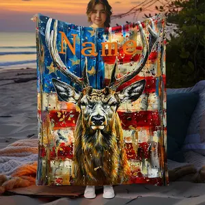 Custom Name Personalized Deer Oil Painting Blanket - Lightweight Flannel Throw for Home, Travel, Camping - Digital Printing Fleece with Soft and Warm Fabric - Hand Wash or Machine Wash
