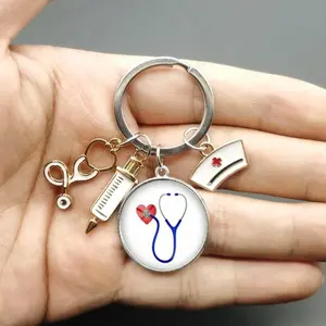 Nurse Stethoscope Syringe Picture, Glass Convex and Glass Dome Keychain, Gift Keychain