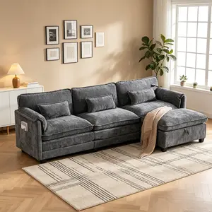 【2 Packages】109.8" L Shaped Modern Sofa Modular Sectional Cloud Couch with Storage Ottoman, 4-Seat Chenille Deep Seat Sofa with Pillow & Side Pocket for Living Room Bedroom Apartment