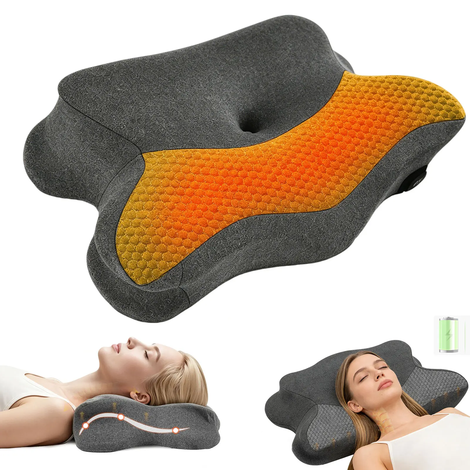Rechargeable Heated Neck Massager Pillow - Cordless Cervical Neck Pillow with Heat, Deep Tissue Massage and Traction Stretching Functions, Neck Muscle Pain and Stiffness，for Side/Back Sleepers quiet operation relaxer