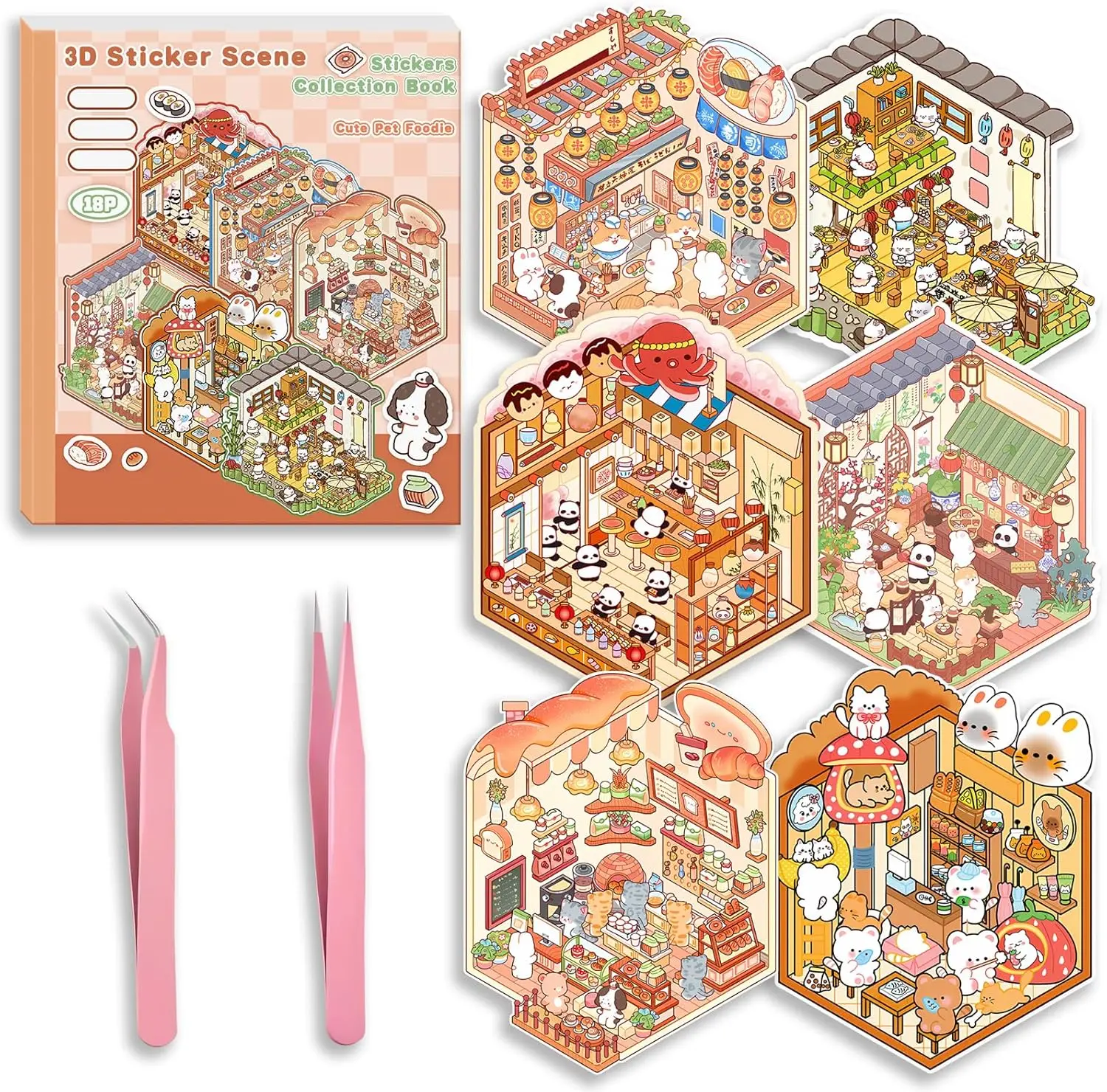 Summer Spring Gift DIY 3D Sticker Scene Collection Book for Stress Relief - 6 Sets of Make Your Own Mini Shop Scenes Stickers for Girls Kids Adult Sticker Therapy Cute Animal Stickers for Birthday Easter Gift (A Set)