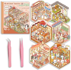 Easter Gift DIY 3D Sticker Scene Collection Book for Stress Relief - 6 Sets of Make Your Own Mini Shop Scenes Stickers for Girls Kids Adult Sticker Therapy Cute Animal Stickers for Birthday Easter Gift (A Set)
