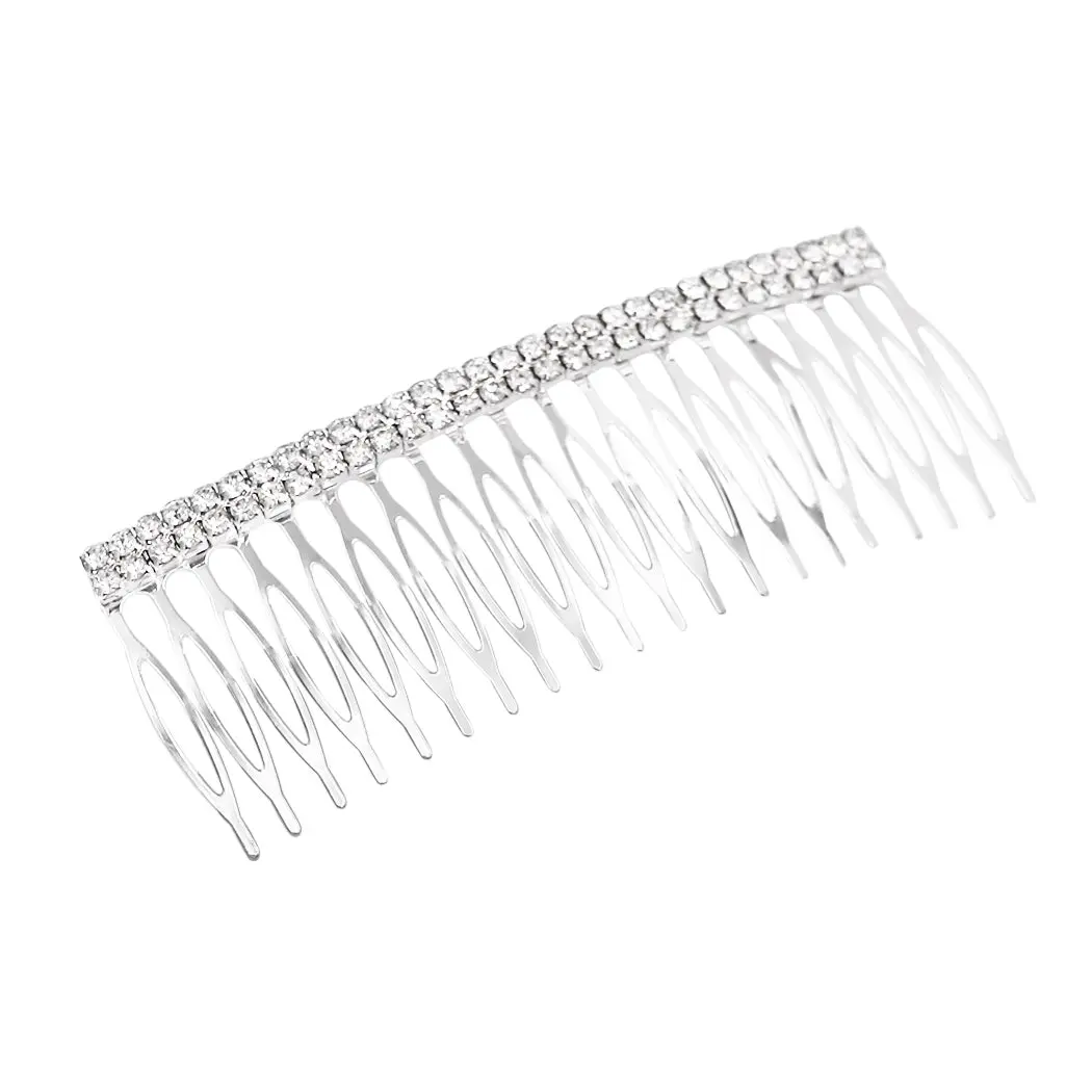 Silver-Tone Bridal Hair Comb with Double Row Crystal Rhinestones, 4.25 Inch Vintage Floral Accessory for Weddings, Veil Compatible, Elegant, Sparkle