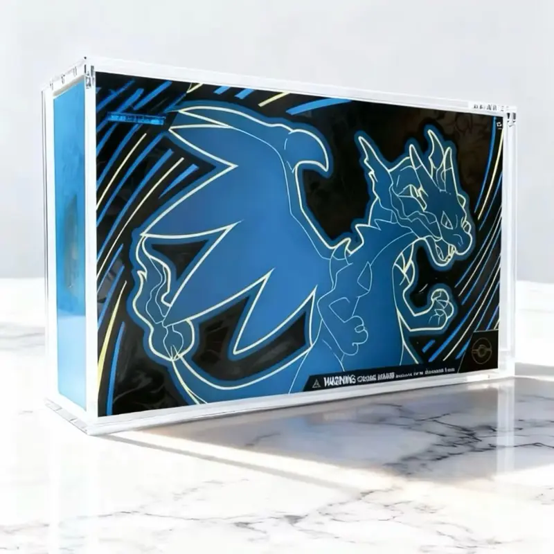 Blue Mega Zard Case only! Compatible fit with Ultra Premium Collection. This UPC premium Acrylic Display Case , cabinet , UV Custom Fit, pre assembled, top loading ,strong magnetic case, crystal clear, UPC protector ,Magentic Case Pokemon Elite