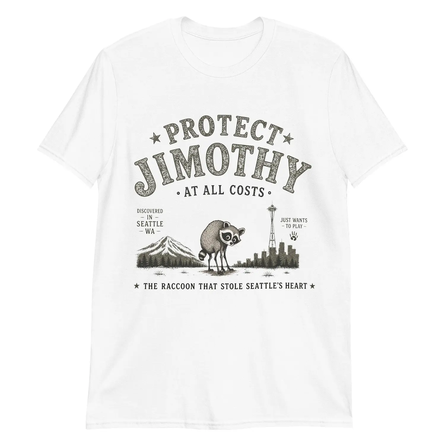 Protect Jimothy Shirt, Soft Cotton Unisex Short Sleeve T-Shirt, Seattle Raccoon Graphic Tee, Funny City Meme Shirt, PNW Trash Panda Top, Animal Lover Gift, Casual Wildlife Shirt