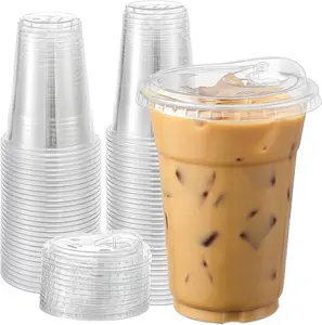 100 sets, 16 ounce (approximately 453.6 grams) crystal clear plastic cups with straw caps, disposable cups, suitable for iced coffee, smoothies, milkshakes, and cold drinks