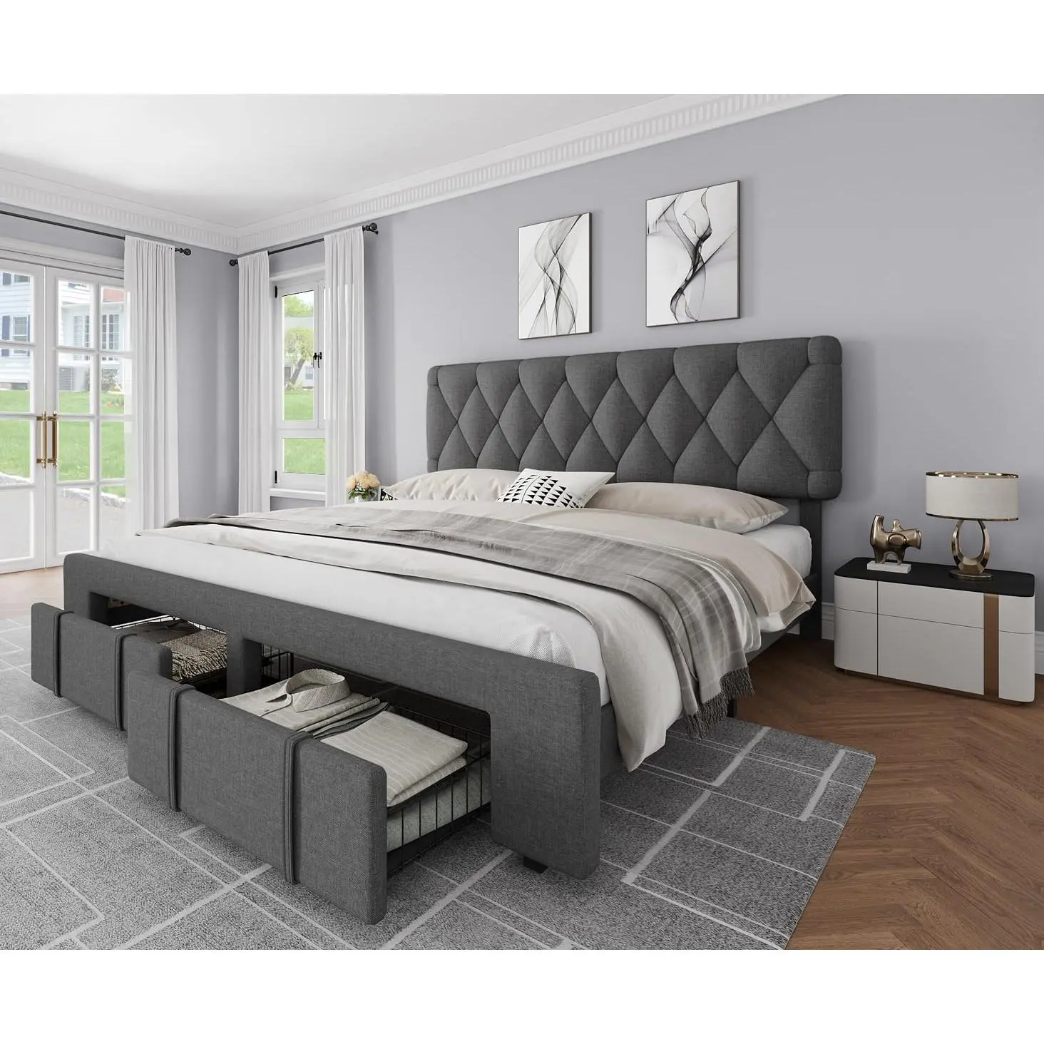 Garvee Queen Size Bed Frame - Upholstered Platform Design with Diamond Tufted Headboard, 2 Storage Drawers, Heavy Duty Wooden Slats Support, Noise-Free, No Box Spring Needed