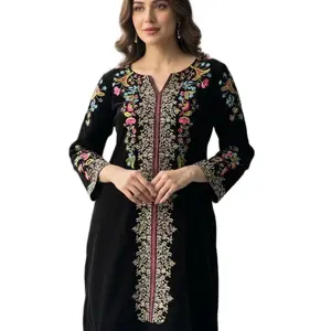 Velvet 2 Piece Embroidery Set Women's Black Long Sleeve Floral & Foliage Embroidered Dress