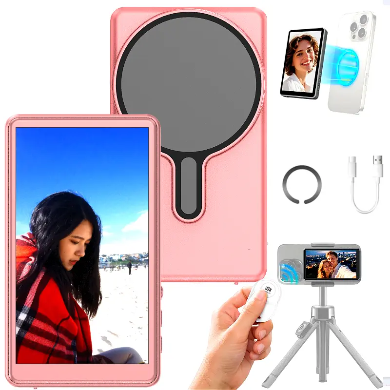 Pink Magnetic Phone Vlog Selfie Monitor Screen, 1080P Wireless Recording, Using Phone Rear Camera for Selfie Vlog Live Stream TikTok, Compatible with iPhone(Support 4K 30fps Wired Recording)