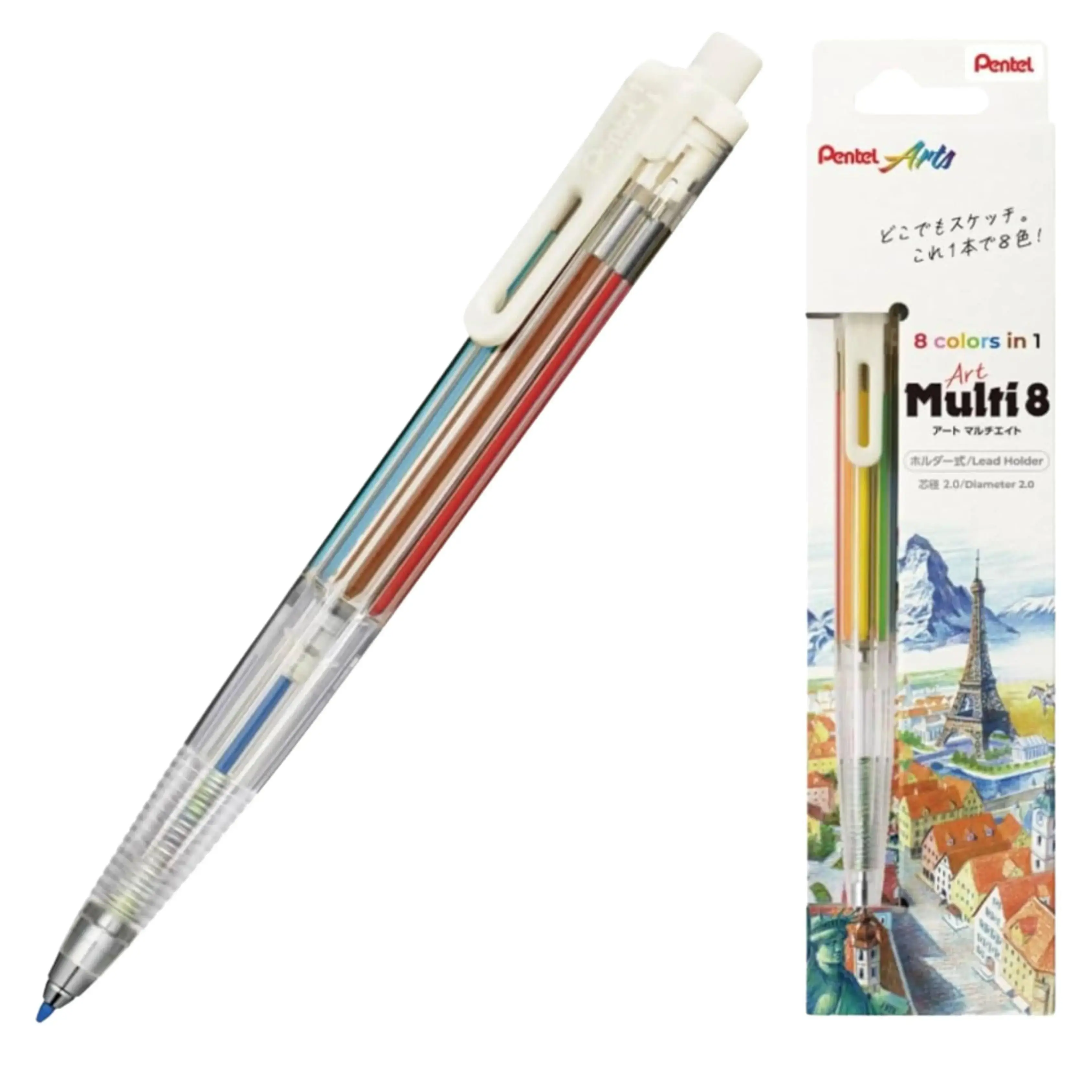 Pentel Mechanical Colored Pencils Set - 8-Piece, 8-in-1 Design, 2mm Lead Diameter, Multi-Design Office Stationery for Architects, Bullet Journal Enthusiasts